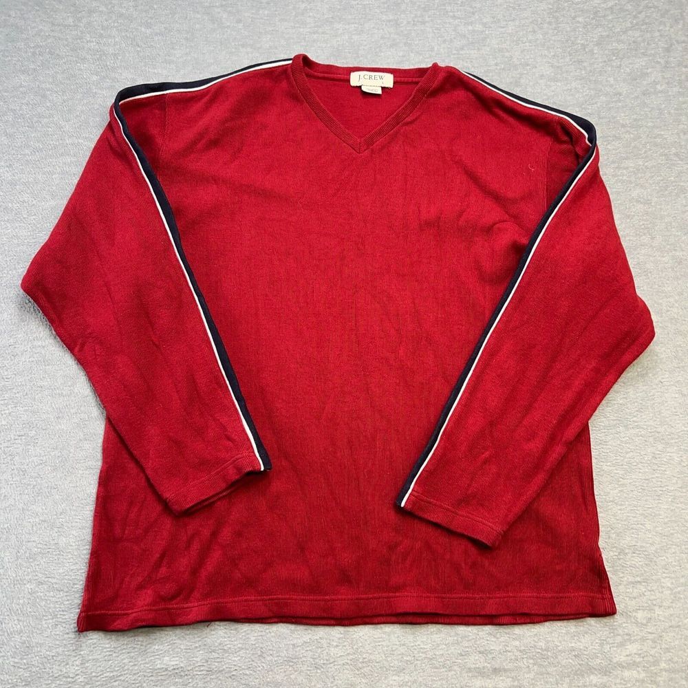 J. Crew Men's Red V-Neck Sweater with Navy & White Stripe Detail